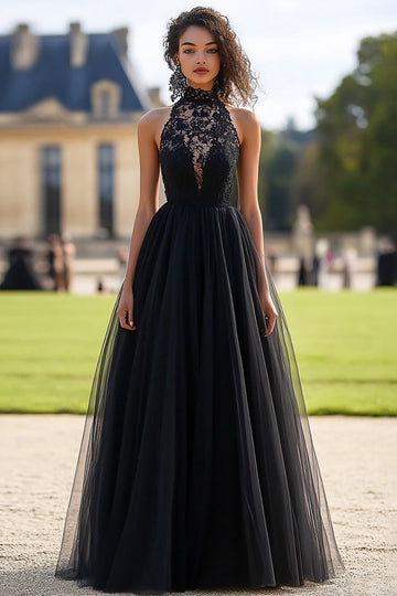 Noir A Line Dos Nulle Tulle Dentelle Sans Manches Robe de Bal